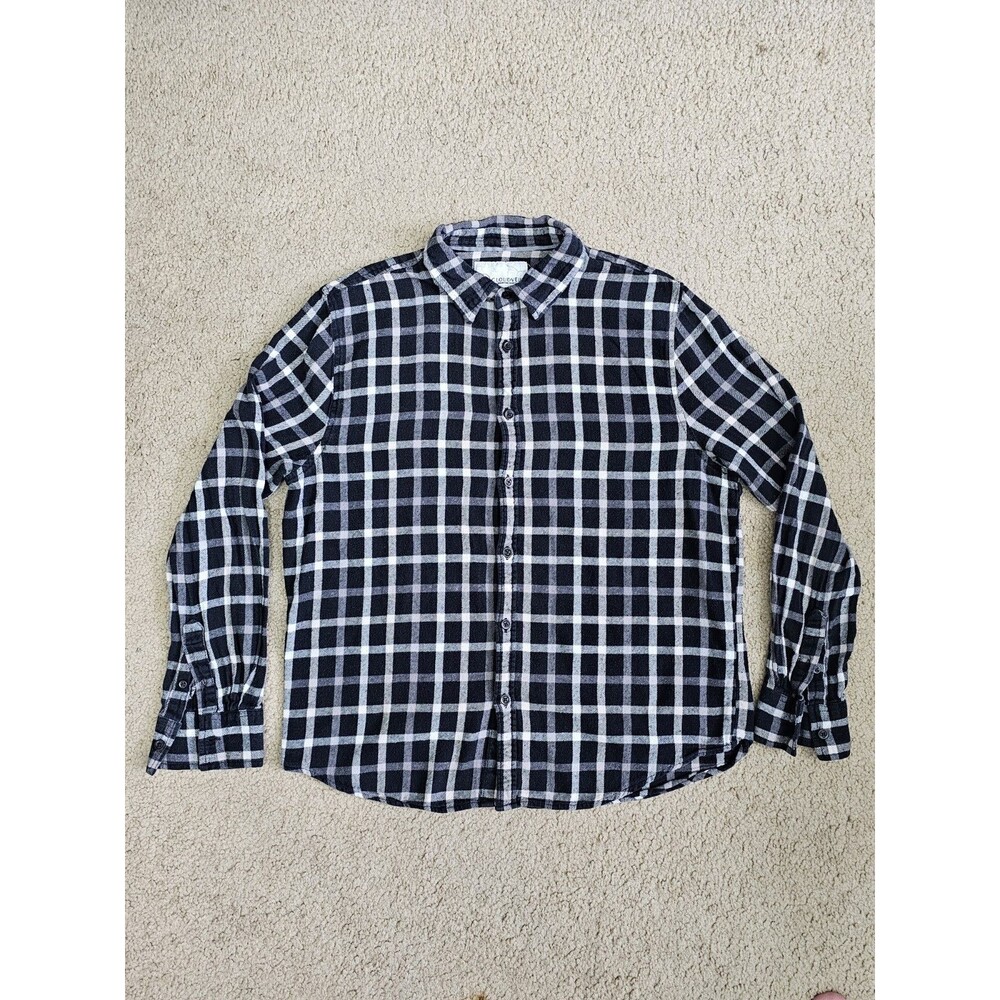 CloudVeil Men's Large Black White Plaid Flannel Button Up Down Cotton